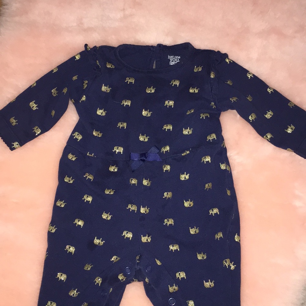 Navy romper with gold elephants